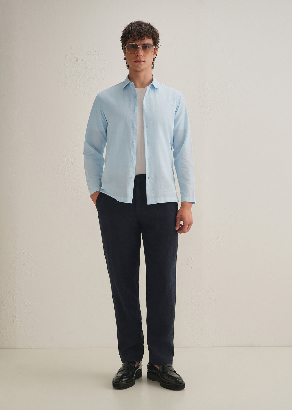 Light Blue Hidden Sleeve Placket Cotton Linen Shirt