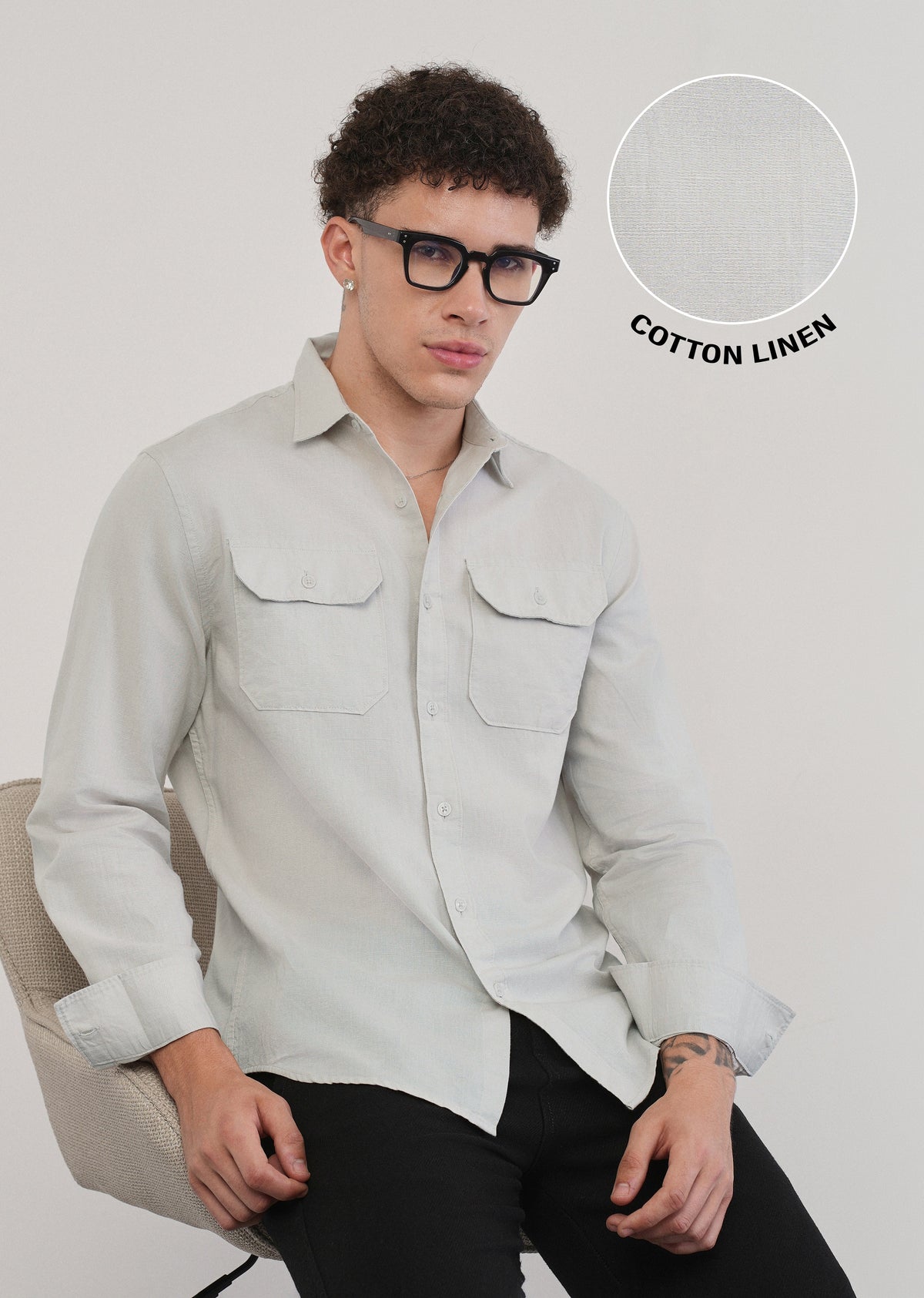 Light Grey Cotton Linen Flap Pocket Shirt