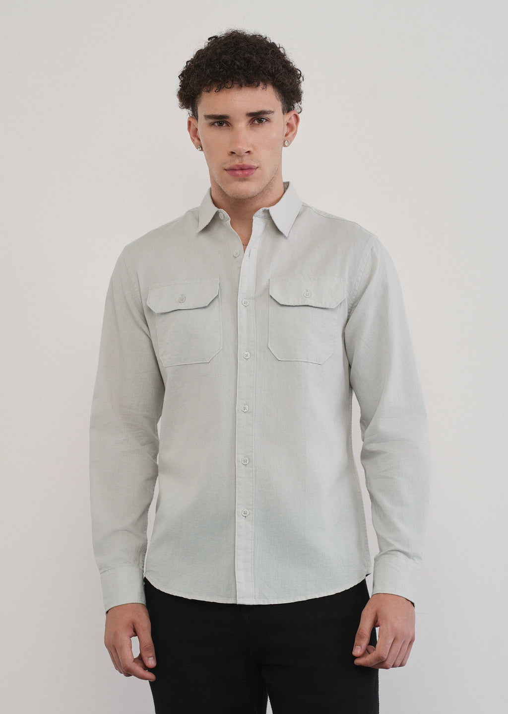 Light Grey Cotton Linen Flap Pocket Shirt