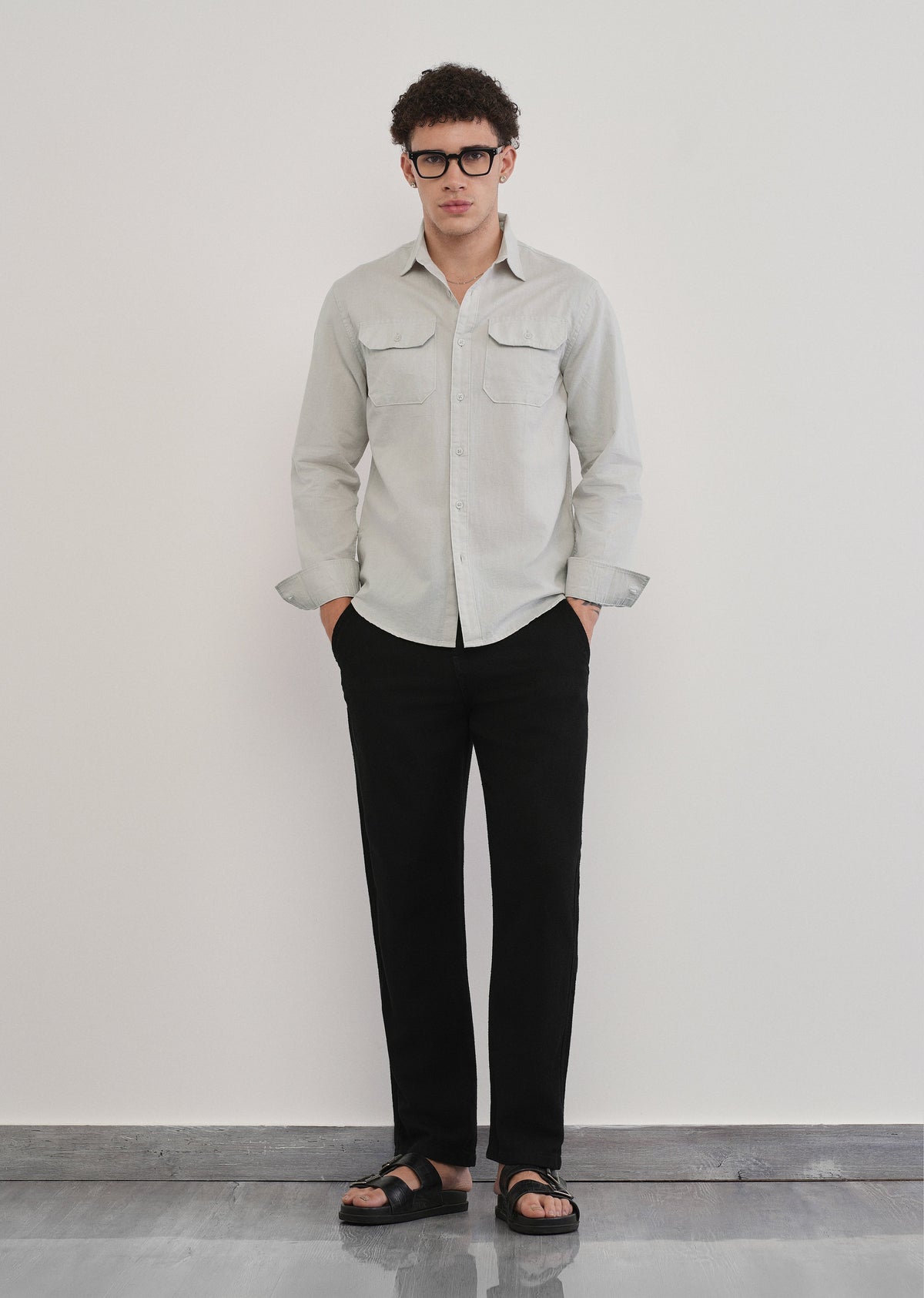 Light Grey Cotton Linen Flap Pocket Shirt