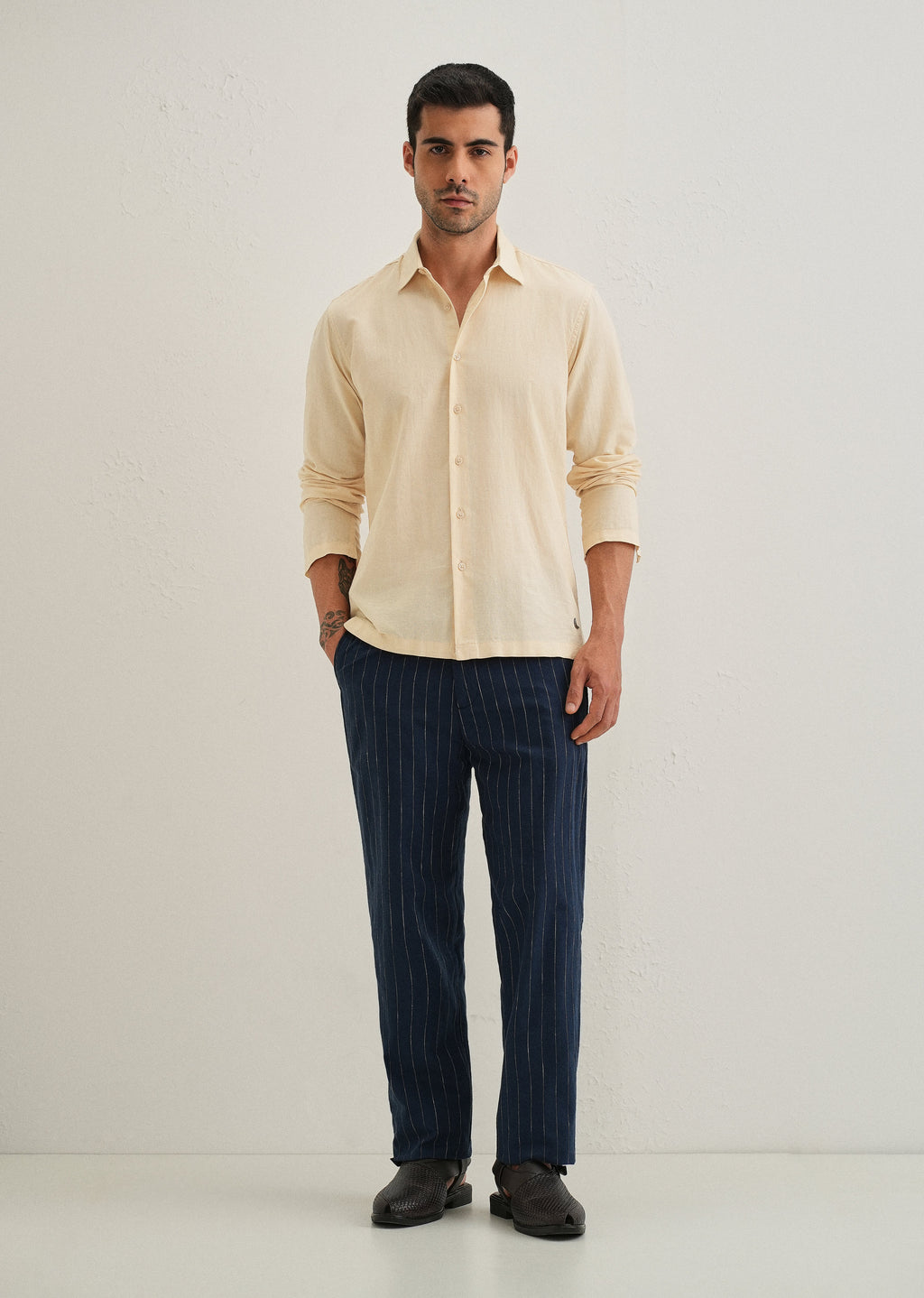 Light Ivory Hidden Sleeve Placket Cotton Linen Shirt