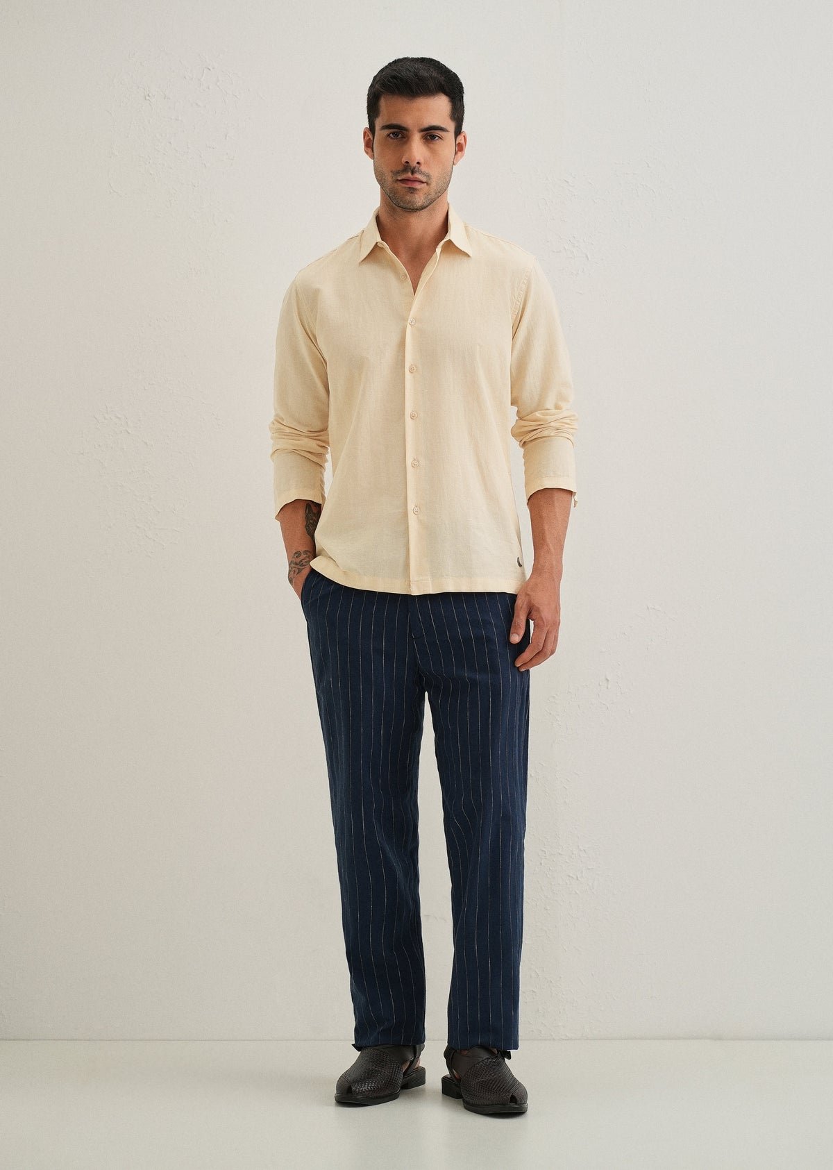 Light Ivory Hidden Sleeve Placket Cotton Linen Shirt