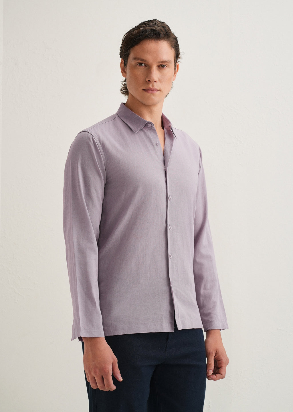 Light Purple Hidden Sleeve Placket Cotton Linen Shirt