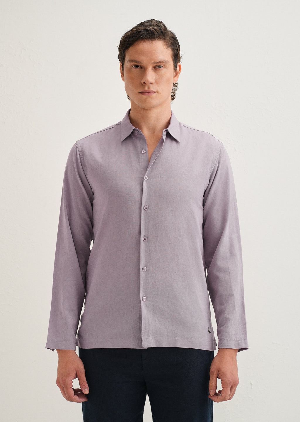 Light Purple Hidden Sleeve Placket Cotton Linen Shirt