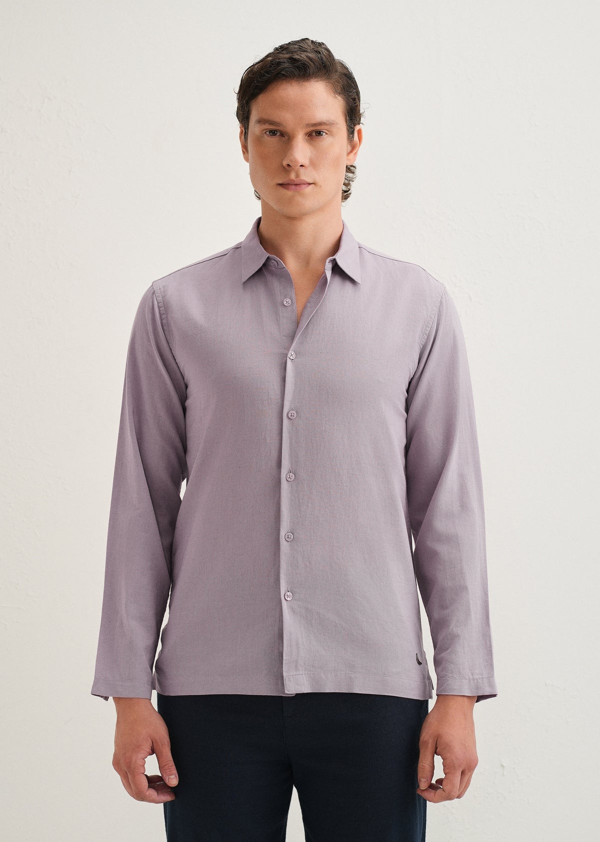 Light Purple Hidden Sleeve Placket Cotton Linen Shirt
