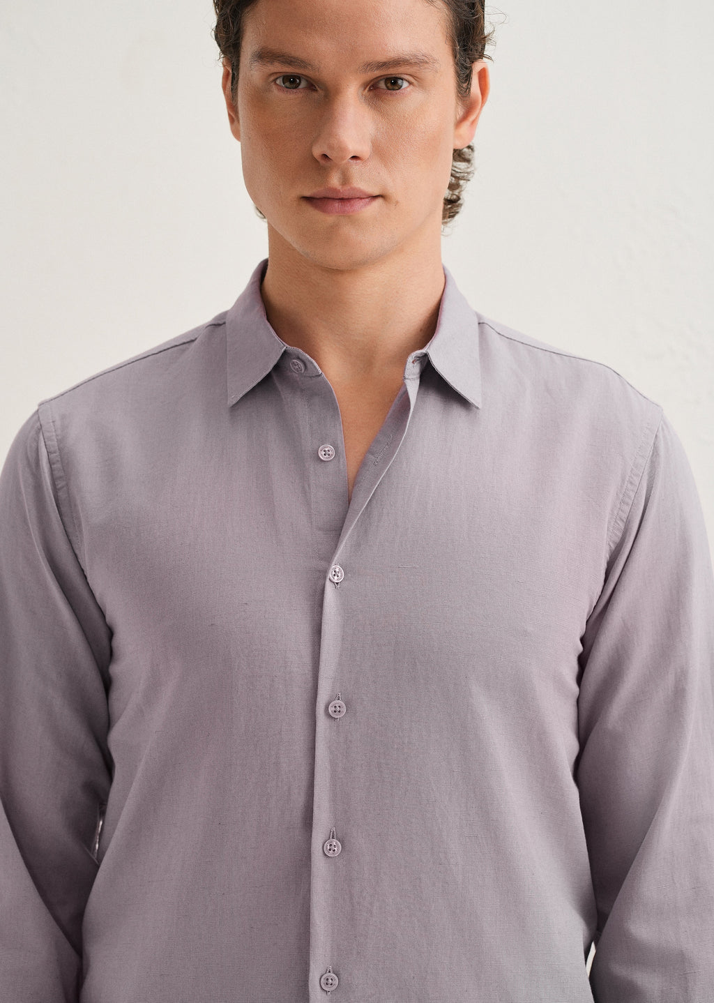 Light Purple Hidden Sleeve Placket Cotton Linen Shirt