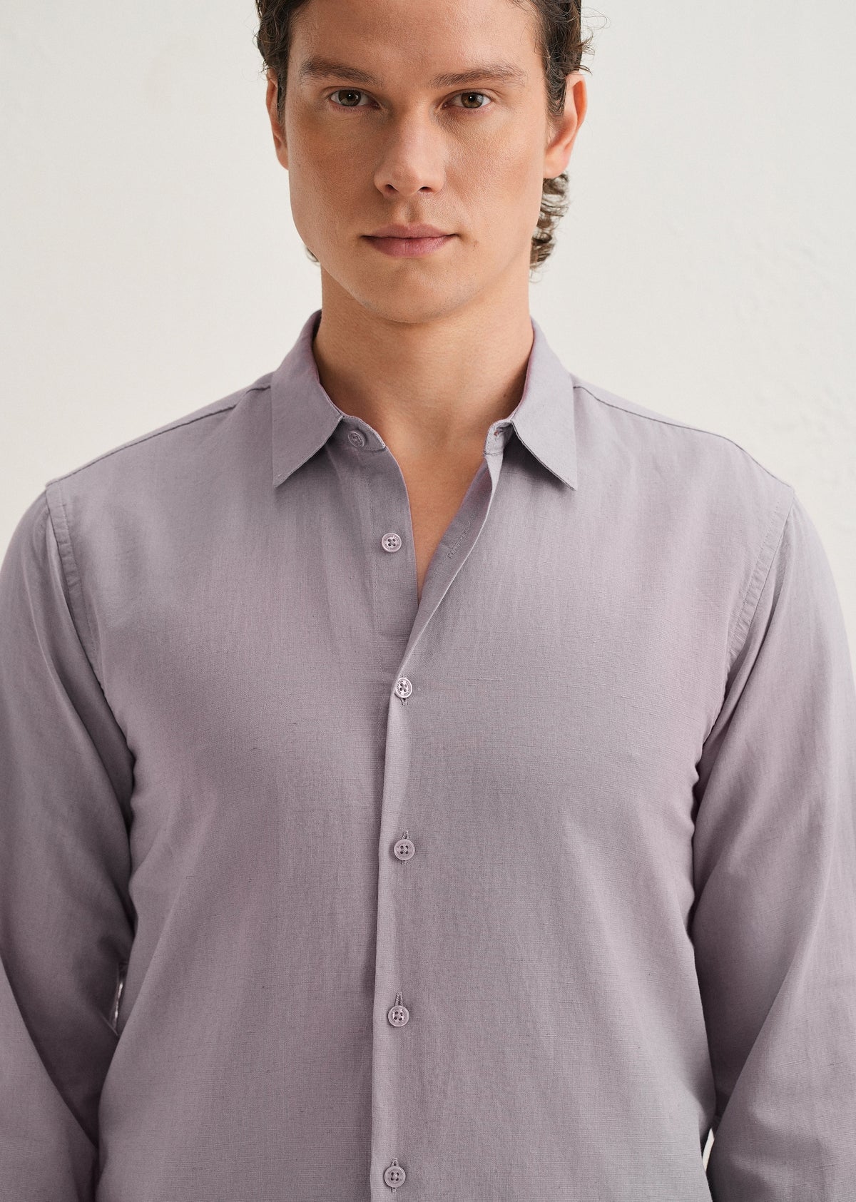 Light Purple Hidden Sleeve Placket Cotton Linen Shirt