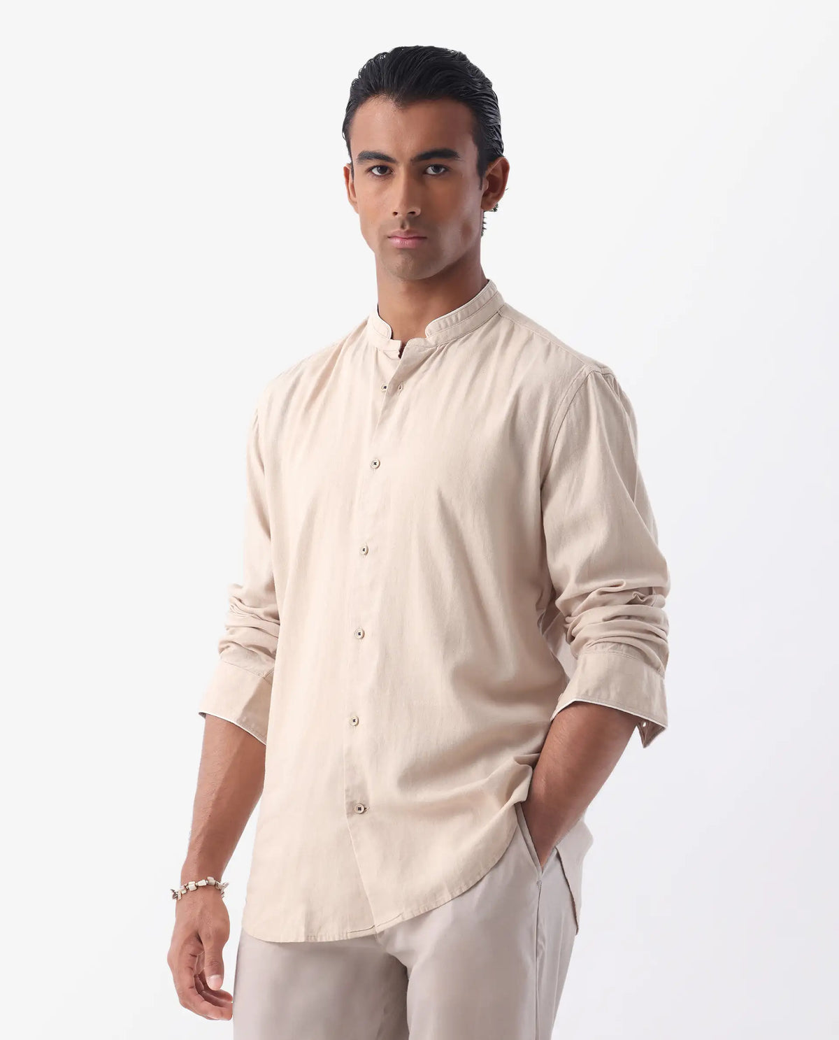 MANDARIN COLLAR PLAIN SHIRT MANDERINS - BEIGE morris.lane
