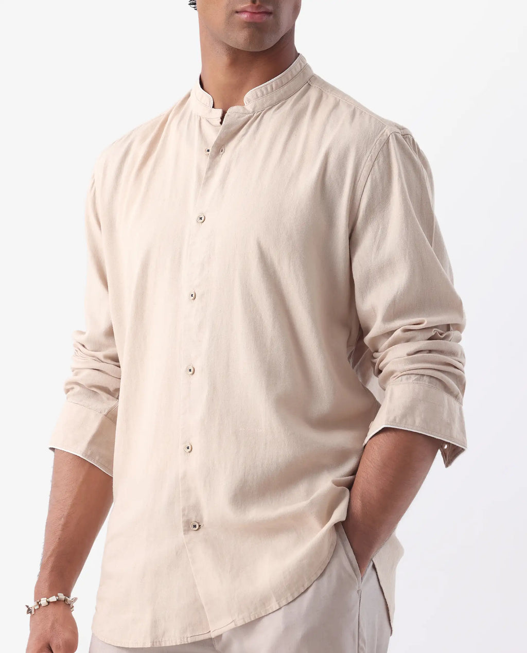 MANDARIN COLLAR PLAIN SHIRT MANDERINS - BEIGE morris.lane