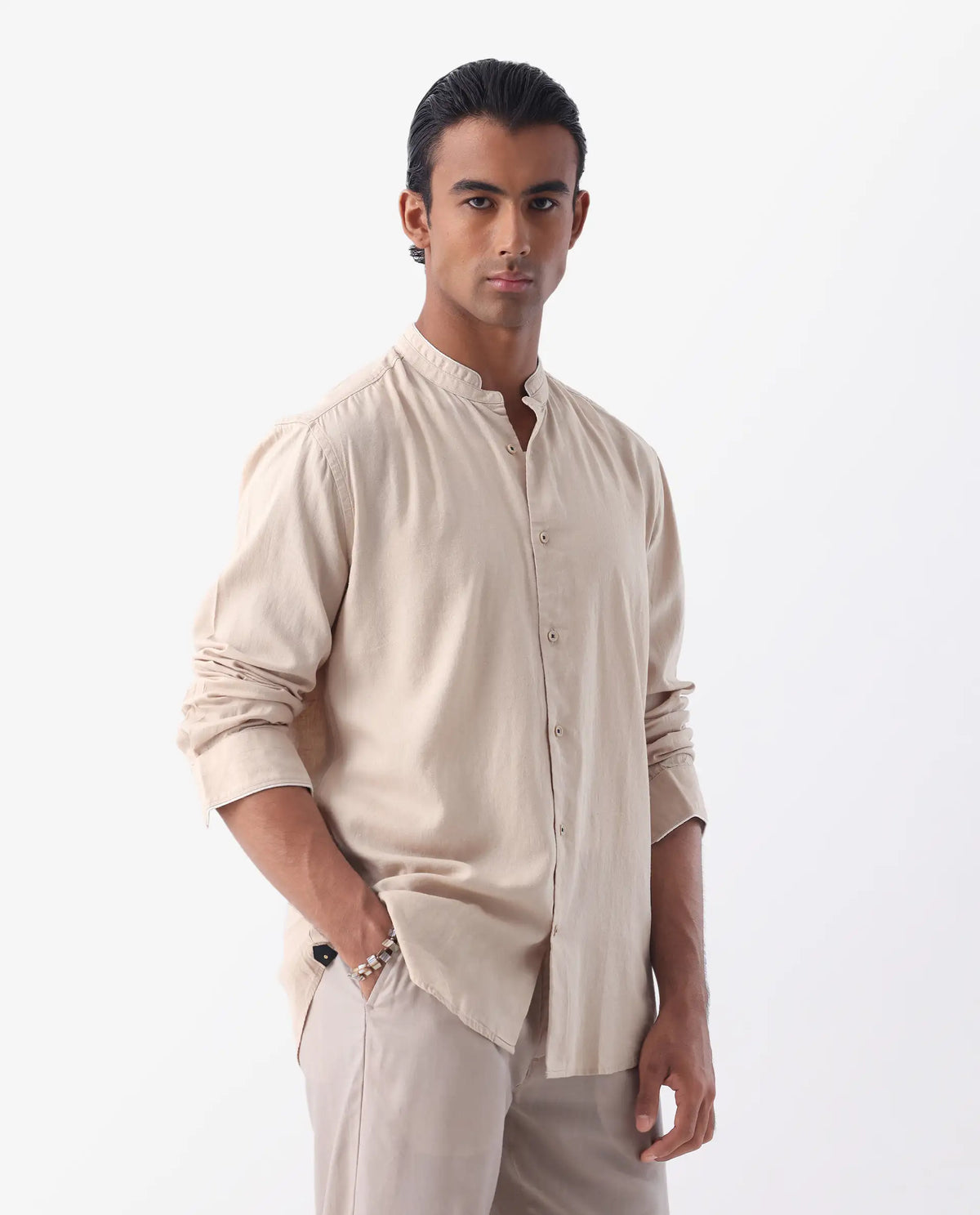 MANDARIN COLLAR PLAIN SHIRT MANDERINS - BEIGE morris.lane