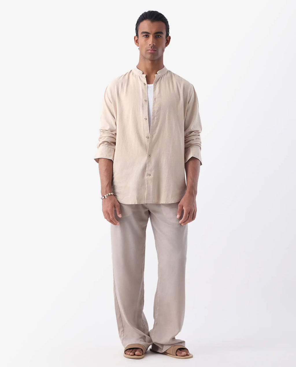 MANDARIN COLLAR PLAIN SHIRT MANDERINS - BEIGE morris.lane