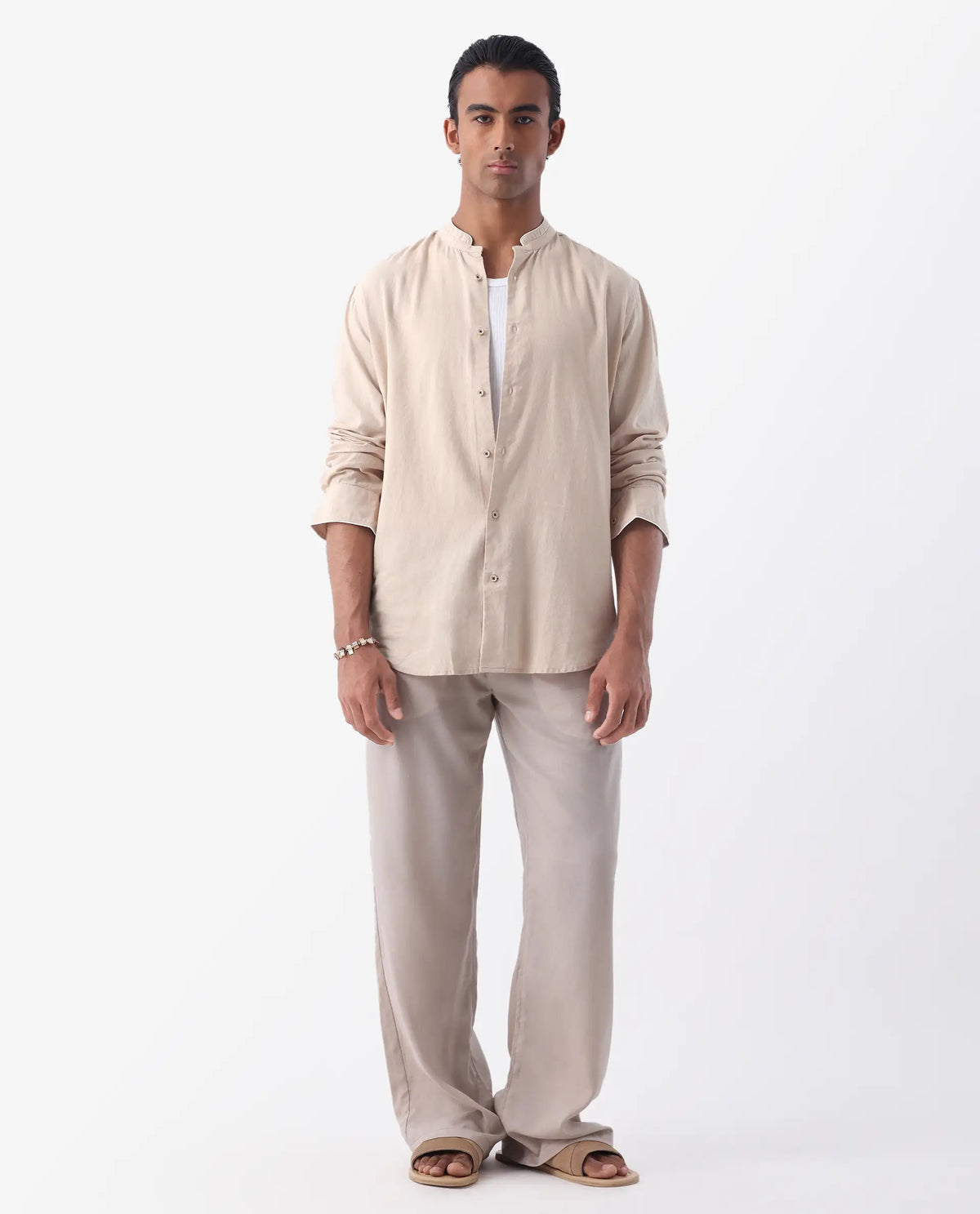 MANDARIN COLLAR PLAIN SHIRT MANDERINS - BEIGE morris.lane