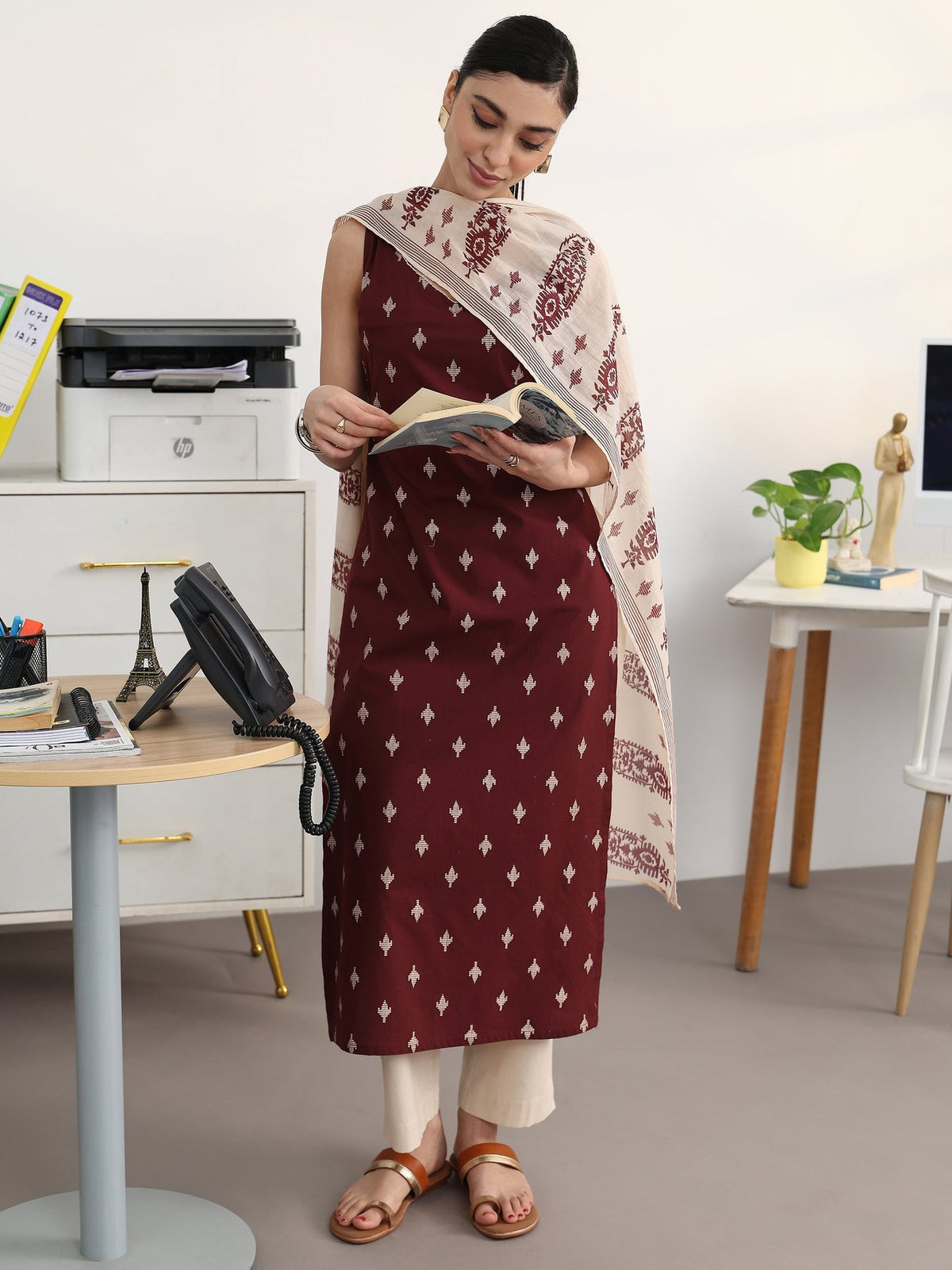 Libas Maroon Ethnic Motifs Printed Cotton Blend Straight Suit Set With Dupatta KS67