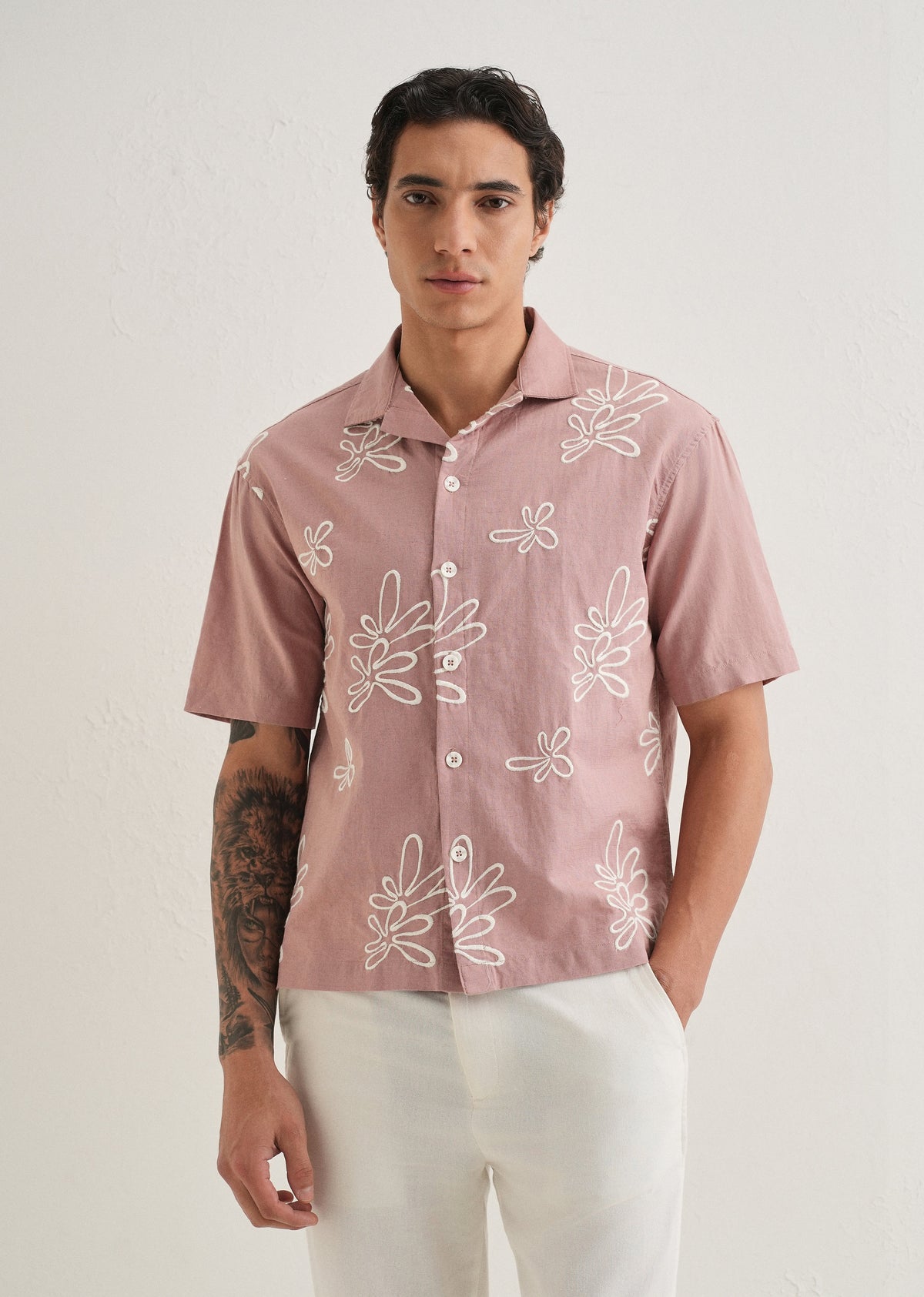 Mauve Pink Embroidered Cotton Linen Shirt