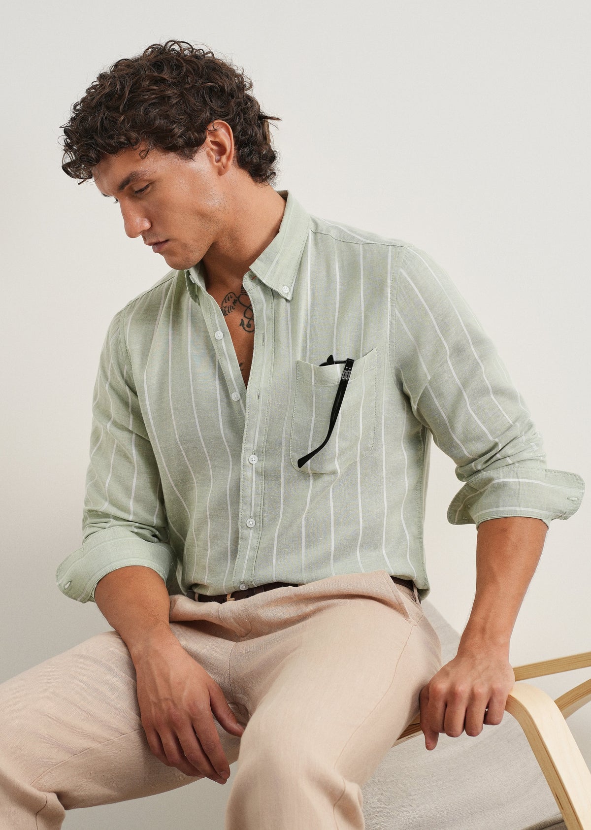 Mint Green Lyocell Linen Stripe Shirt