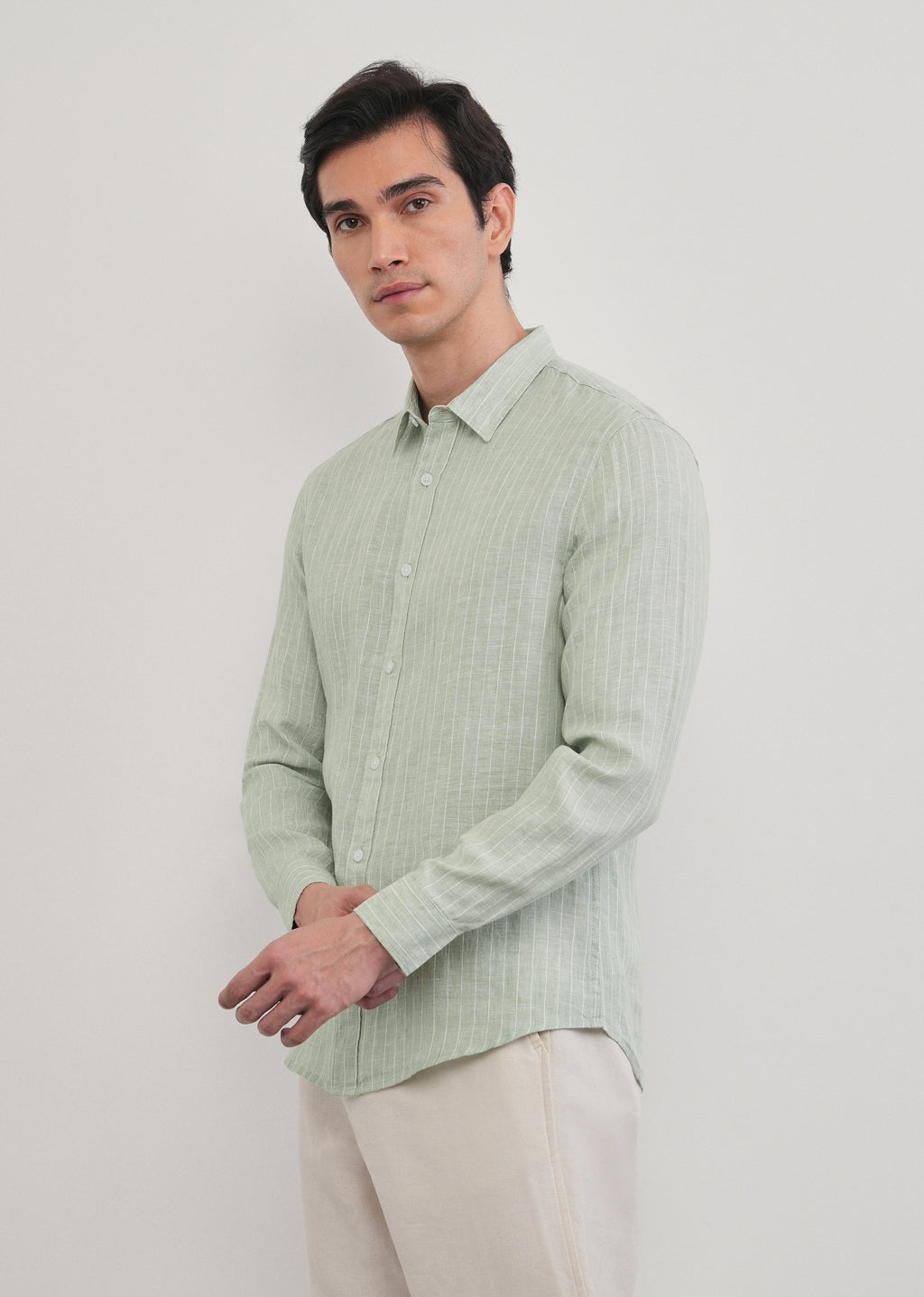 Mint Green Striped Pure Linen Shirt