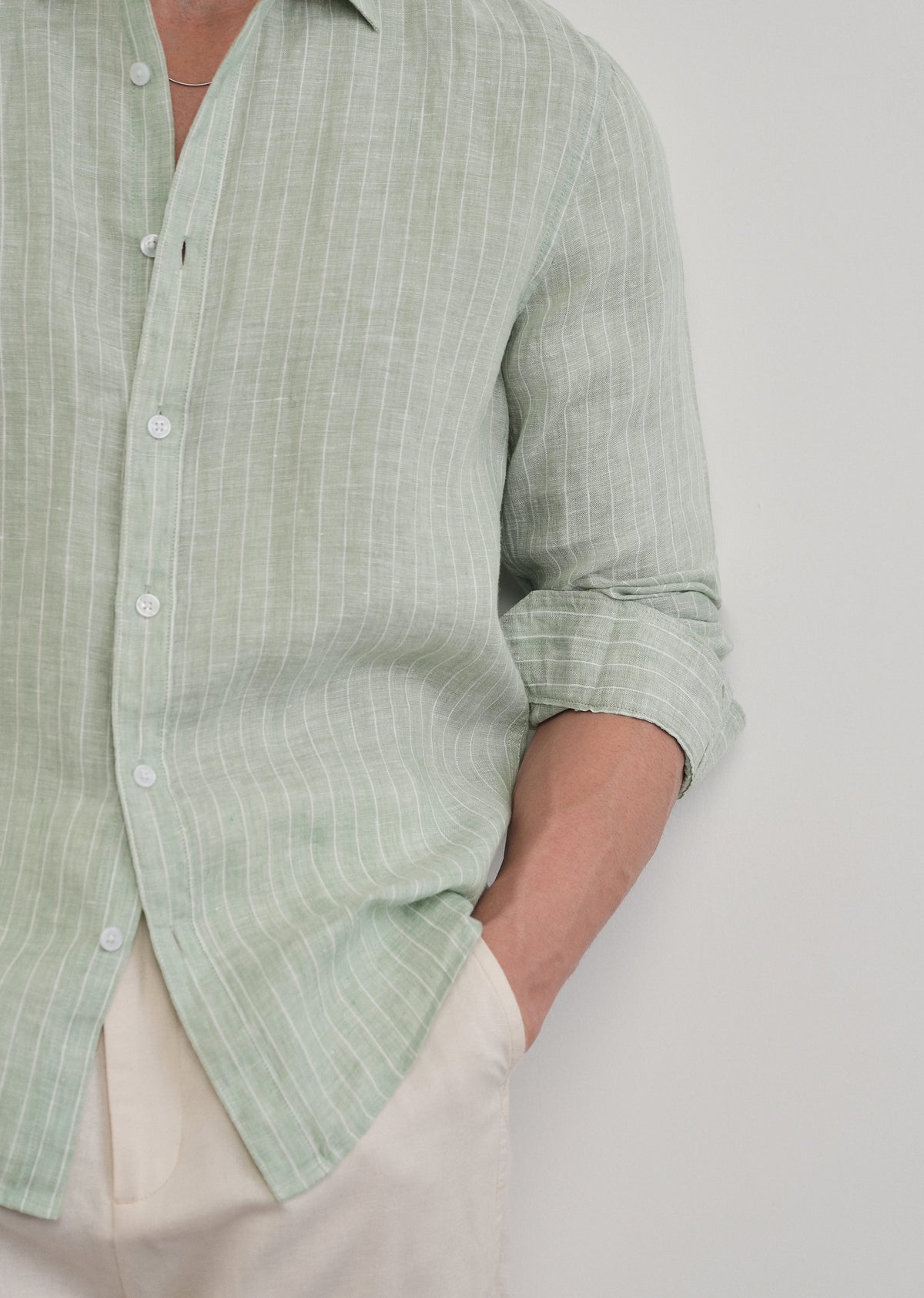Mint Green Striped Pure Linen Shirt