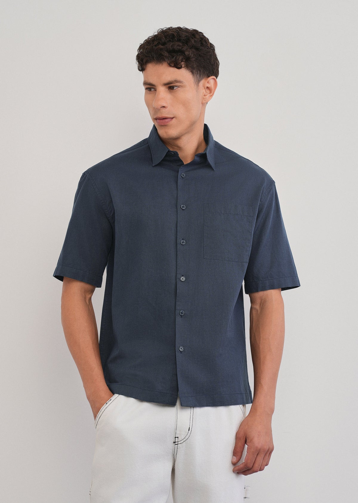 Navy Blue Cotton Linen Half Sleeve Shirt