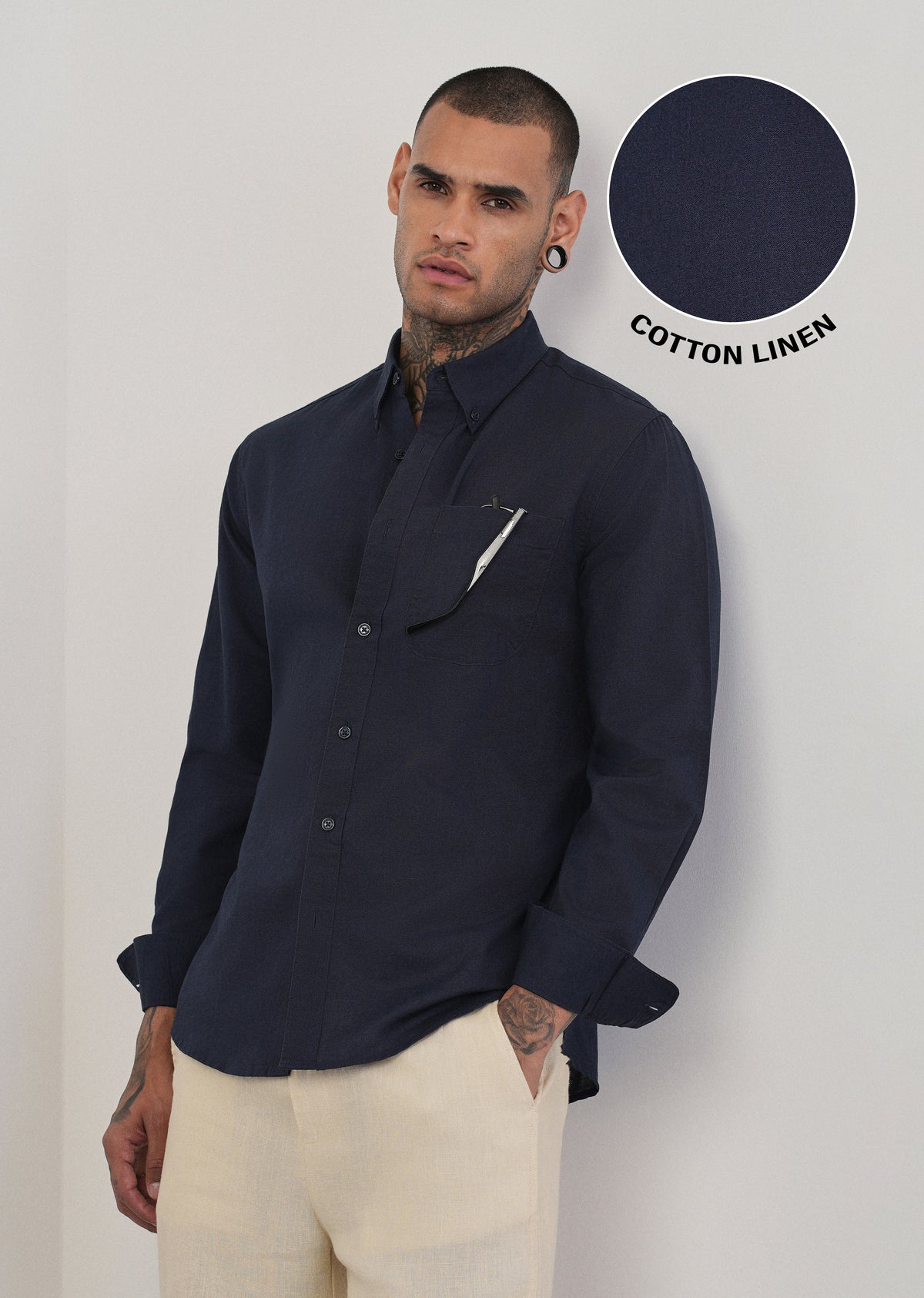 Navy Blue Cotton Linen Plain Shirt