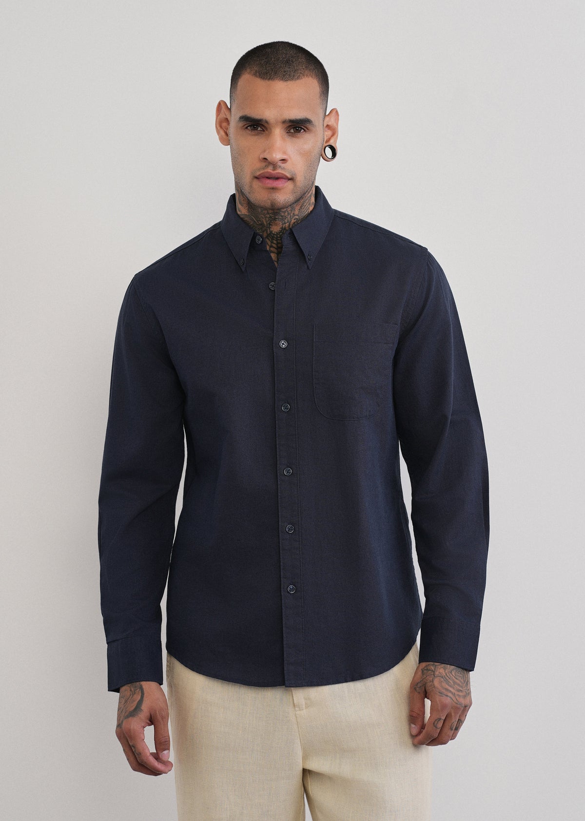 Navy Blue Cotton Linen Plain Shirt