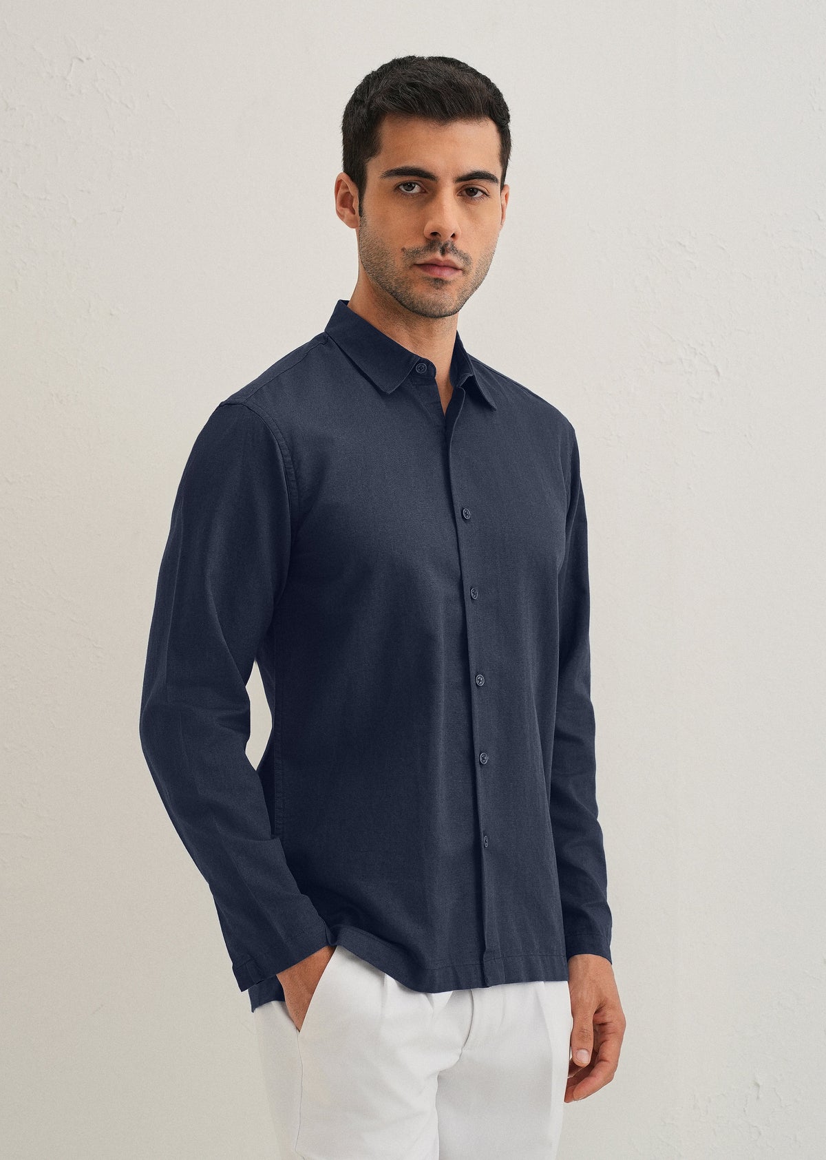 Navy Blue Hidden Sleeve Placket Cotton Linen Shirt