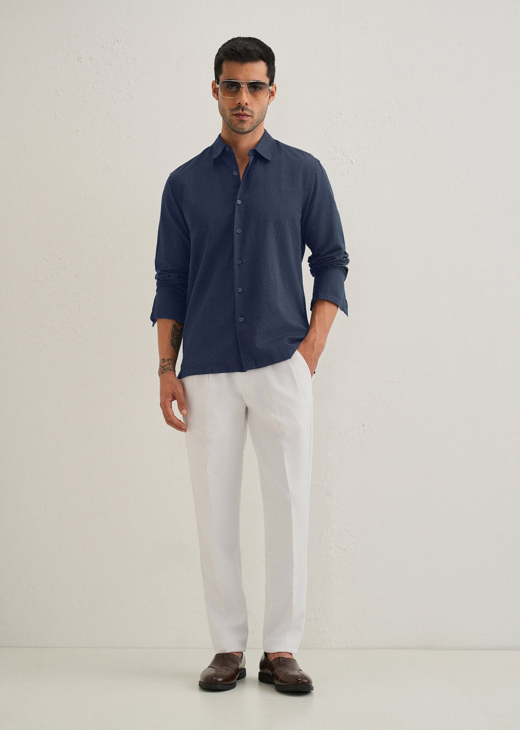 Navy Blue Hidden Sleeve Placket Cotton Linen Shirt