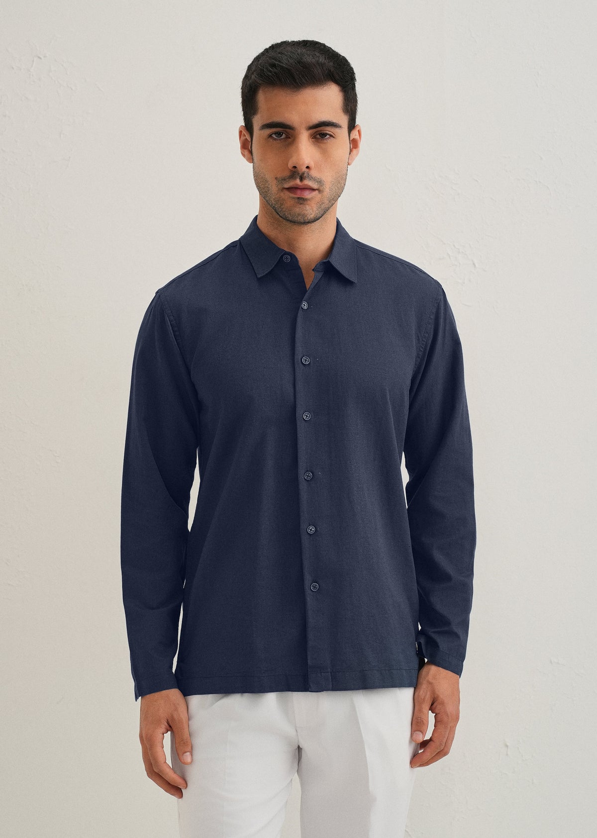 Navy Blue Hidden Sleeve Placket Cotton Linen Shirt