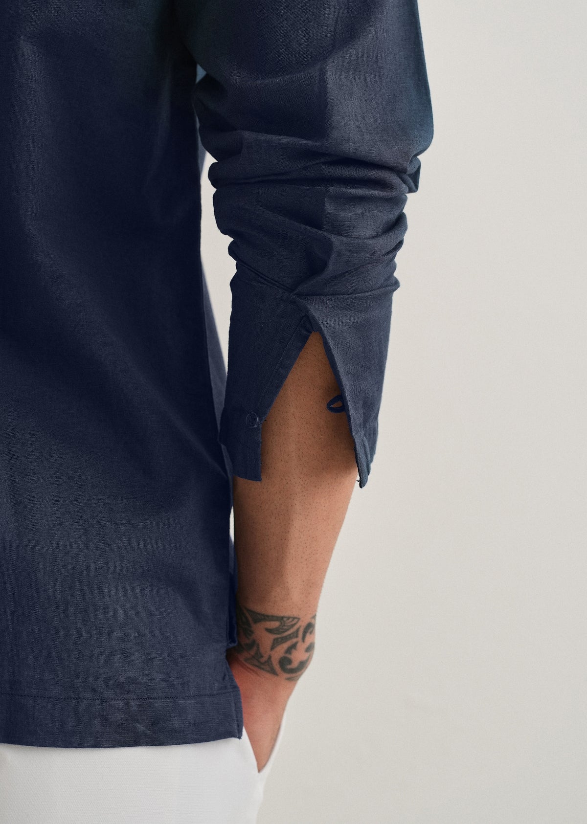 Navy Blue Hidden Sleeve Placket Cotton Linen Shirt