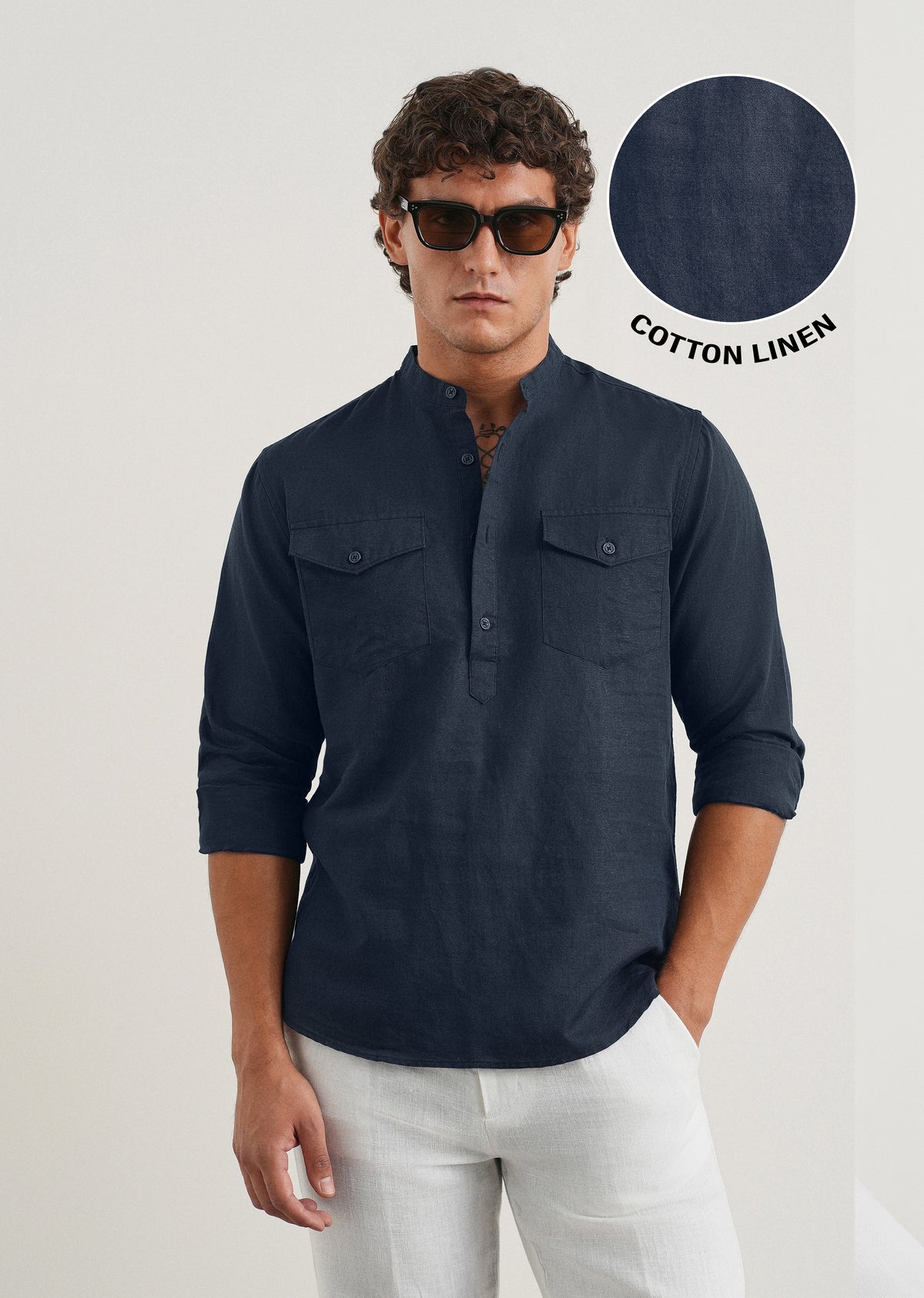 Navy Cotton Linen Half Placket Shirt