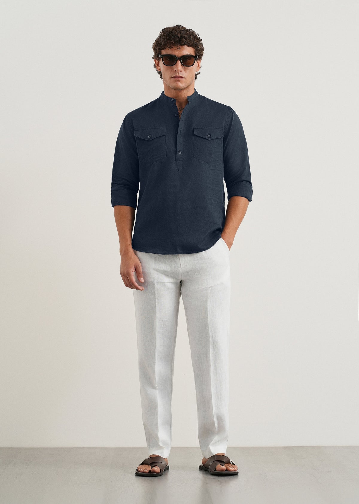 Navy Cotton Linen Half Placket Shirt