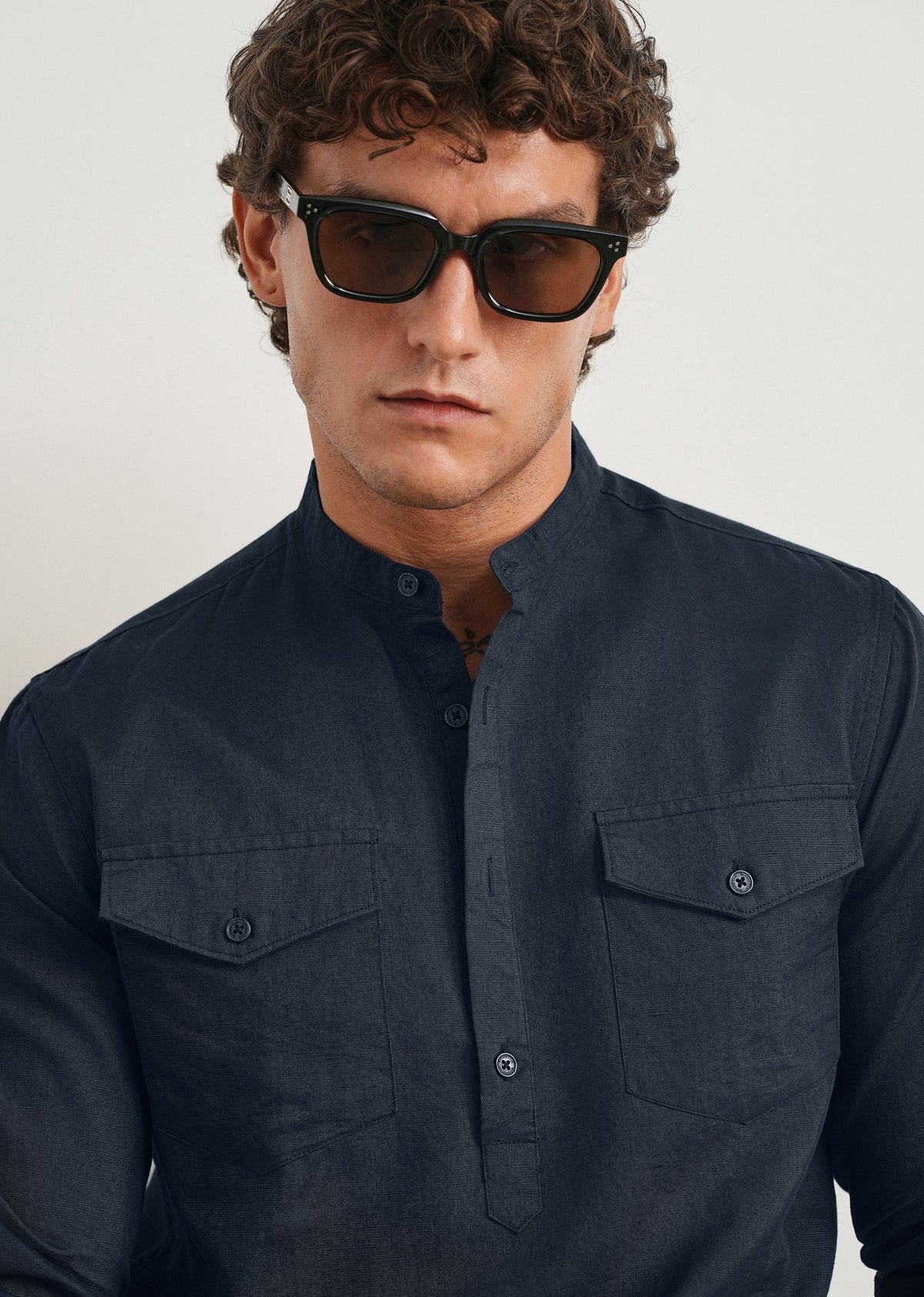 Navy Cotton Linen Half Placket Shirt