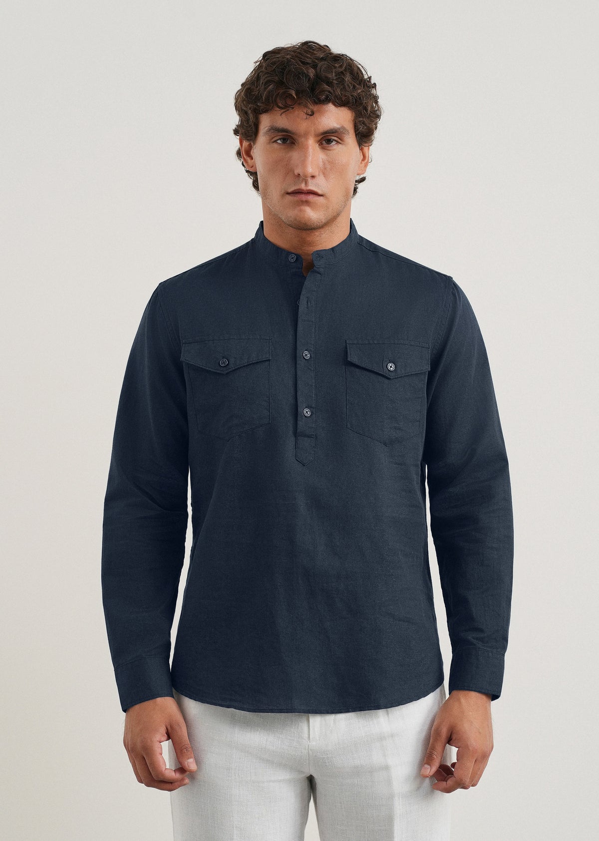 Navy Cotton Linen Half Placket Shirt