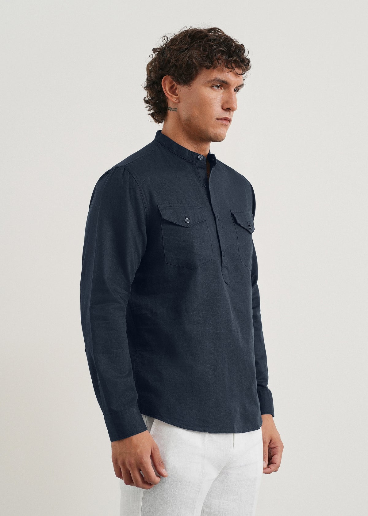 Navy Cotton Linen Half Placket Shirt
