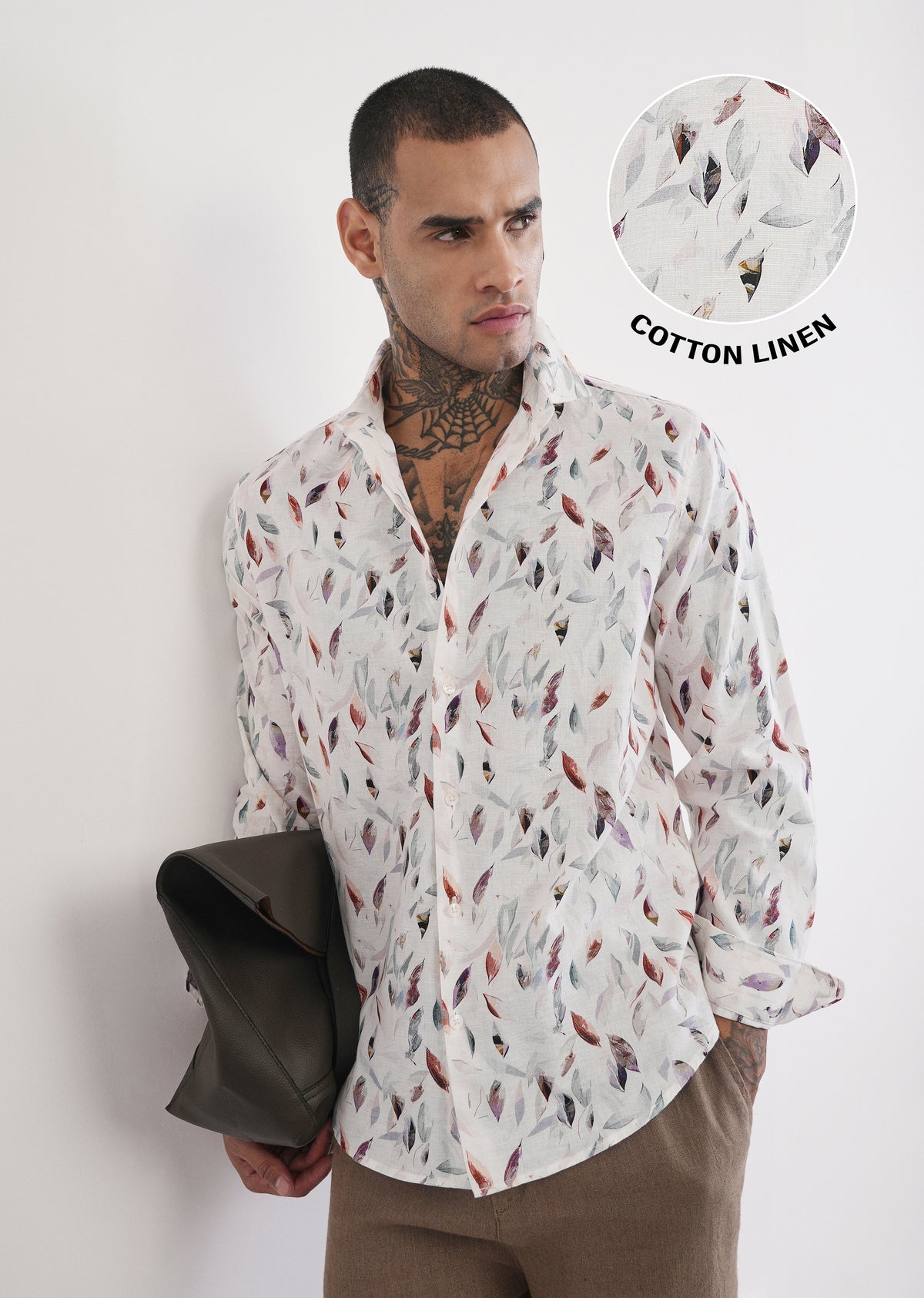 Off-White Leaf Print Cotton Linen Shirt