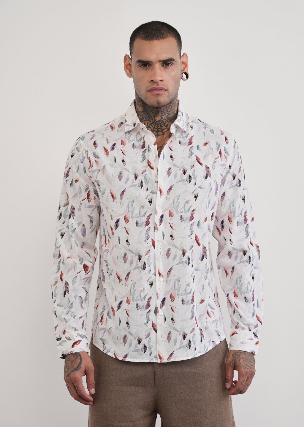 Off-White Leaf Print Cotton Linen Shirt