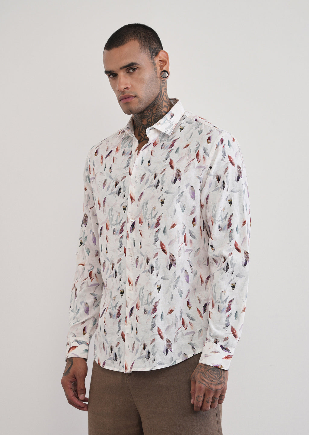 Off-White Leaf Print Cotton Linen Shirt