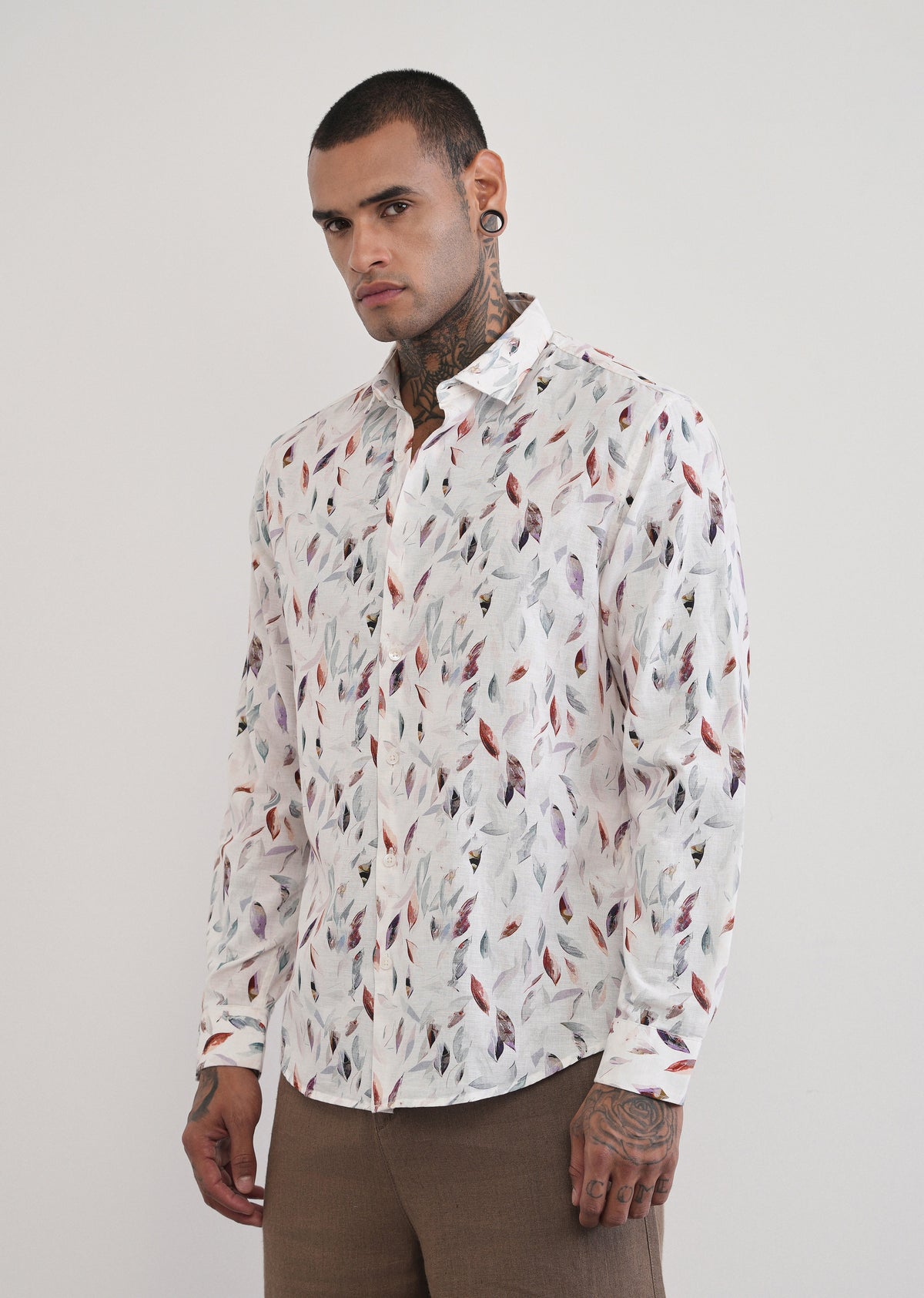Off-White Leaf Print Cotton Linen Shirt