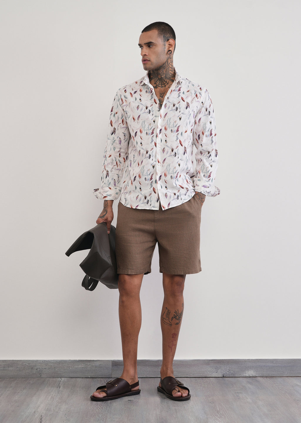 Off-White Leaf Print Cotton Linen Shirt