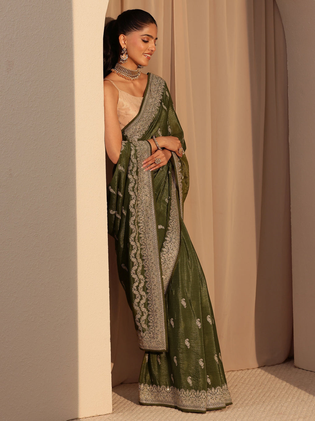 Libas Olive Green Ethnic Embroidered Chiffon Saree