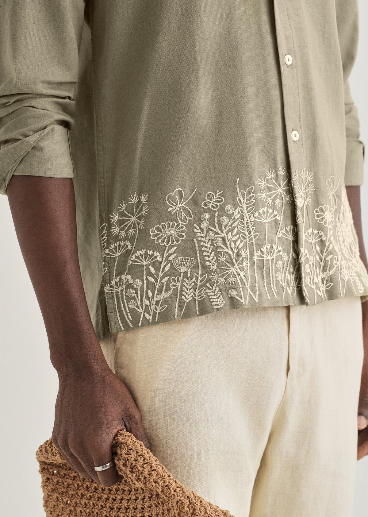Olive Green Embroidered Cotton Linen Shirt