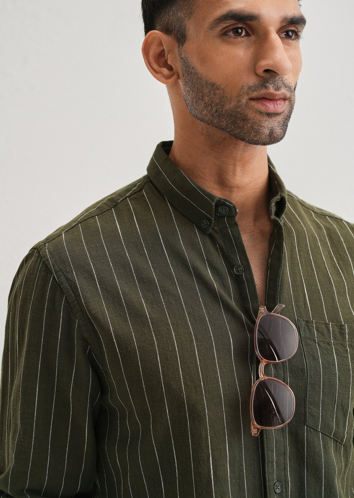 Olive Green Striped Cotton Shirt