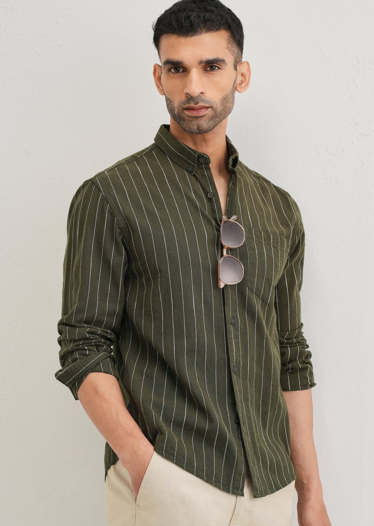 Olive Green Striped Cotton Shirt