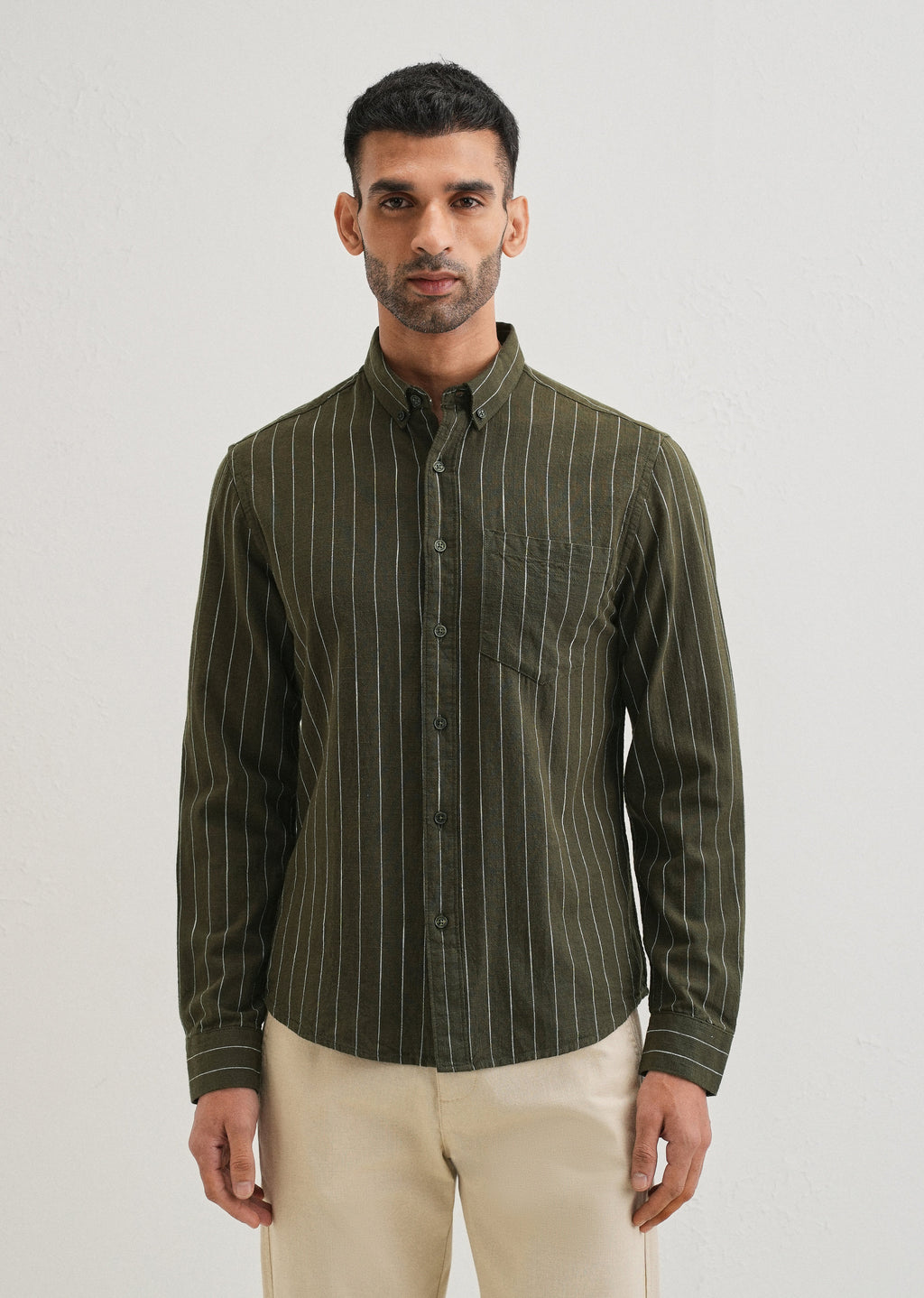 Olive Green Striped Cotton Shirt