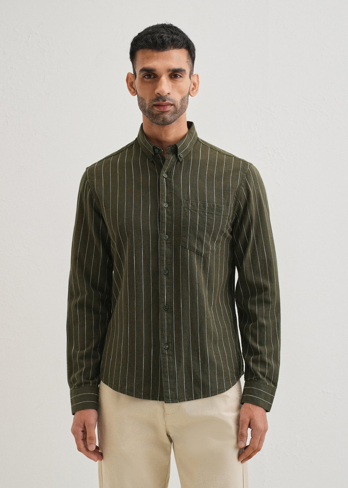 Olive Green Striped Cotton Shirt