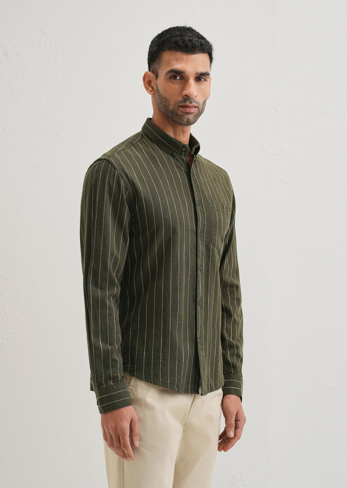 Olive Green Striped Cotton Shirt