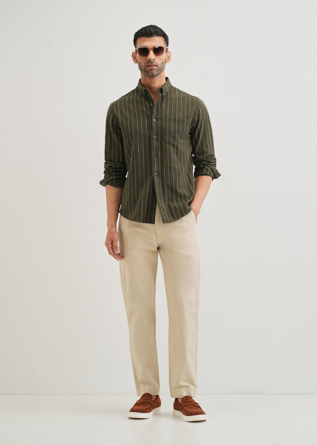 Olive Green Striped Cotton Shirt