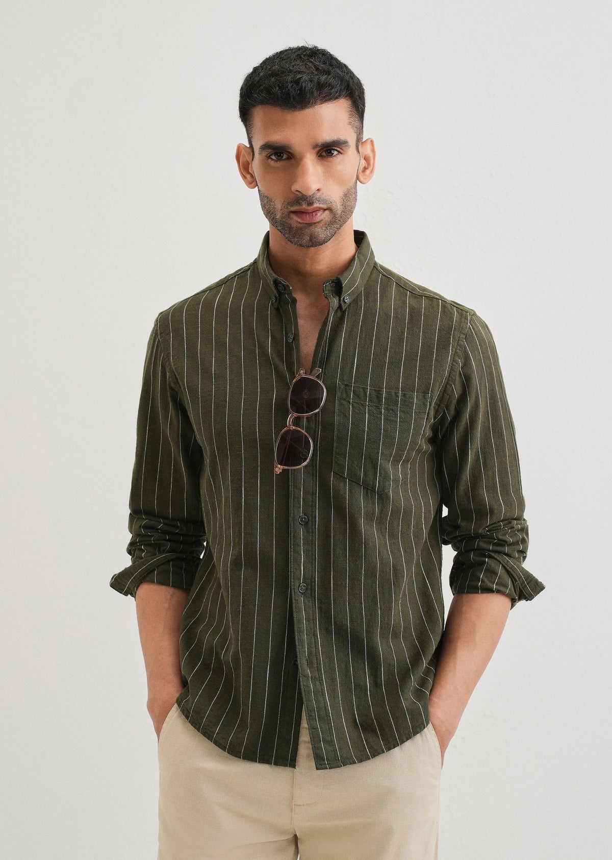 Olive Green Striped Cotton Shirt