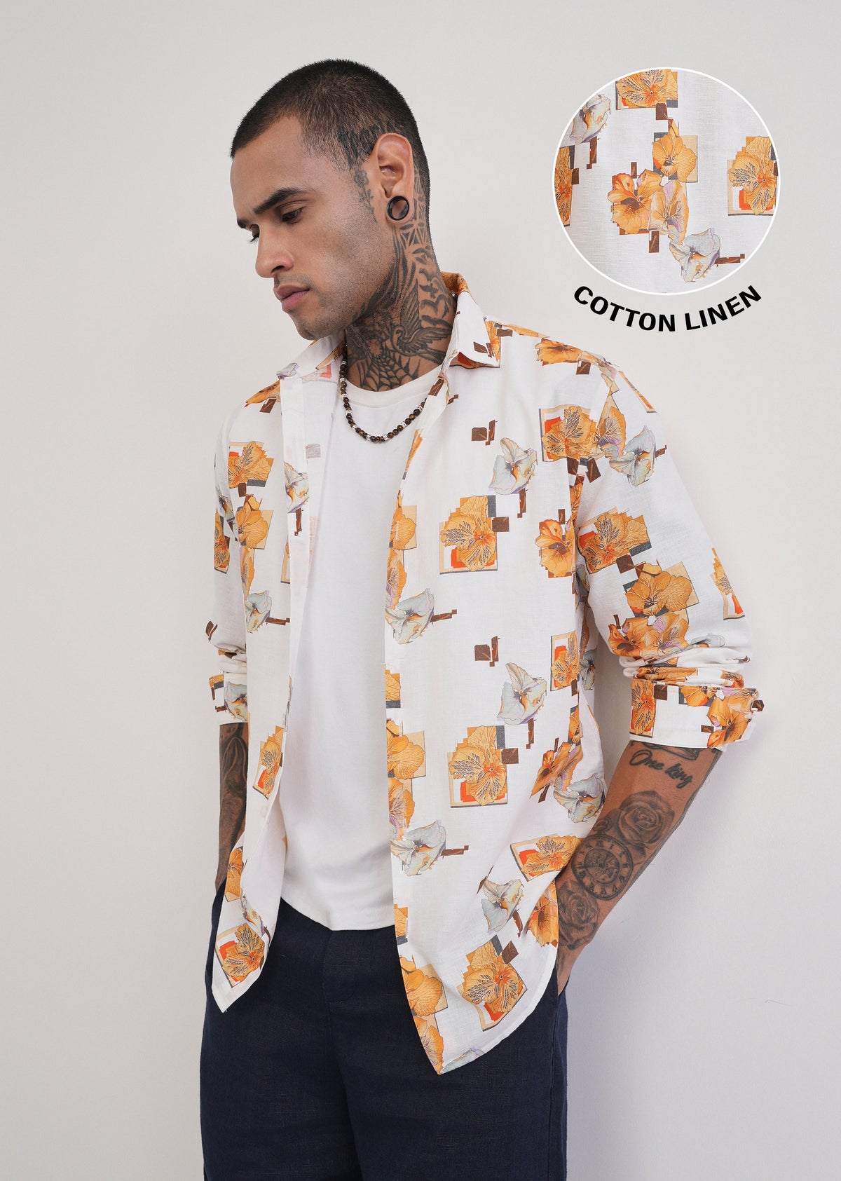 Orange Floral Print Cotton Linen Shirt