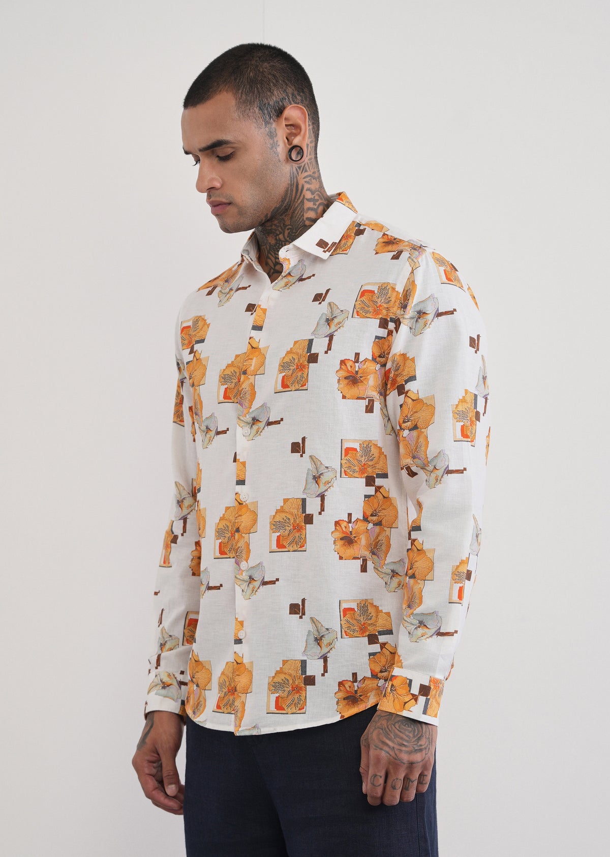 Orange Floral Print Cotton Linen Shirt