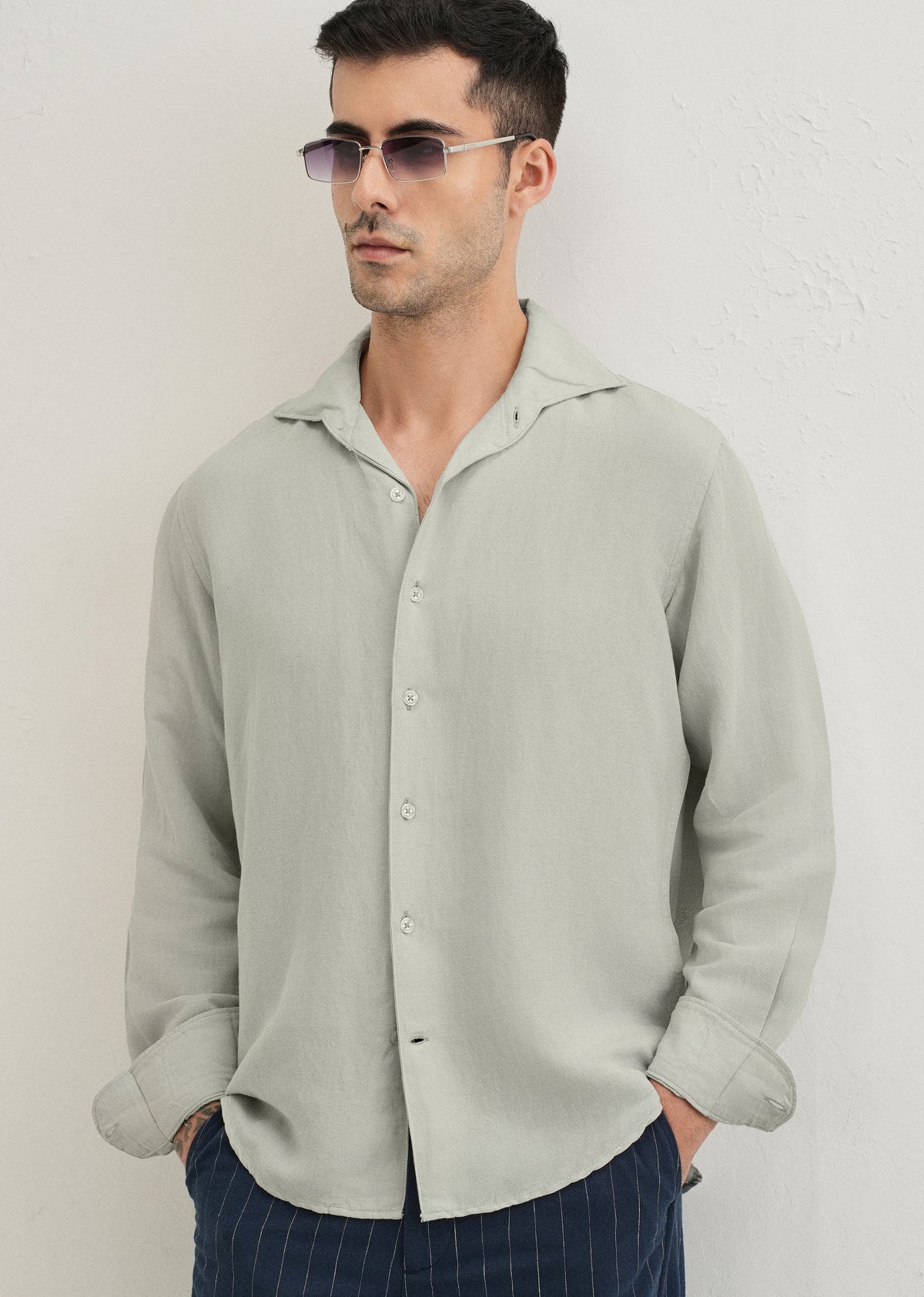 Pastel Grey Plain Linen Viscose Shirt